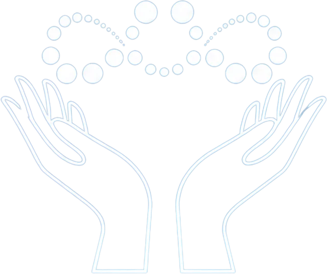 A fine line-art outline of the AMAPP hands and circles, shown on a navy background